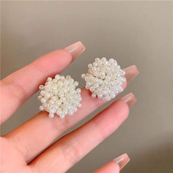 Pearl Cluster Stud Earrings | Square Faux Pearl Statement Studs | Elegant - Picture 5 of 6